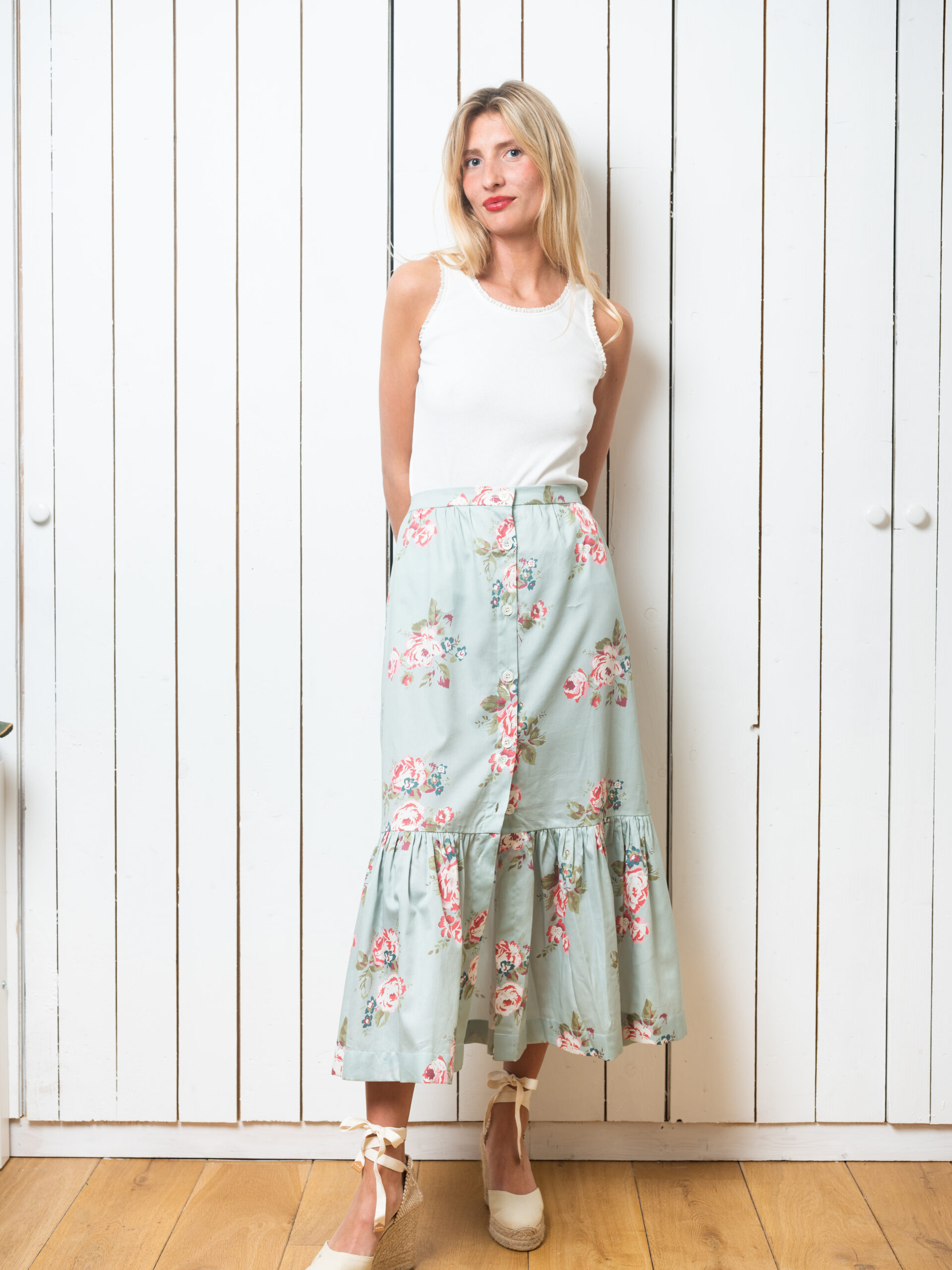 【Loulouseoul】24fw Vintage Floral Layered Skirt Yves Saint Laurent 1974 S/S Runway Floral Cotton Tiered Midi
